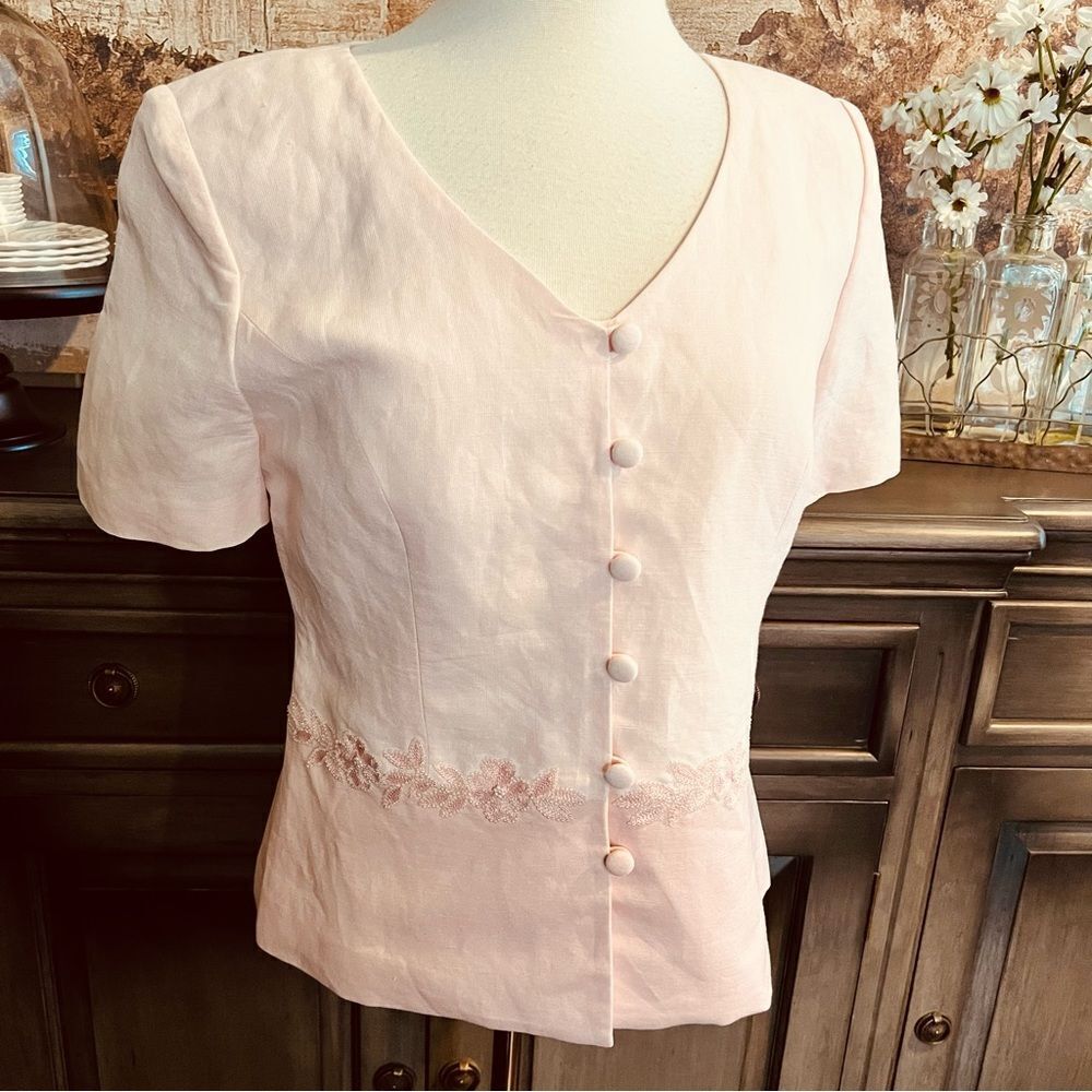 Jessica Howard Pastel Pink Linen Collarless Blazer, a size 10 Barbie core